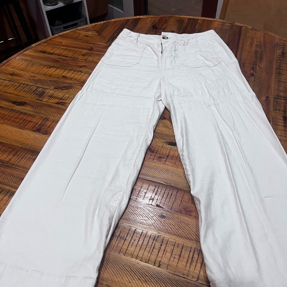 Maeve Colette Cream Flare Wide-Leg pants. Linen
